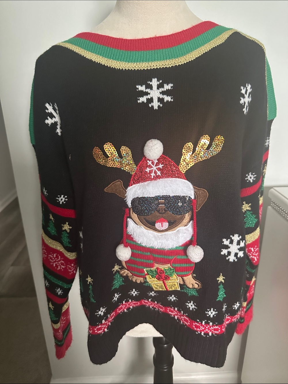Blizzard Bay Black Holiday Pug Sweater with Red & Green Accents